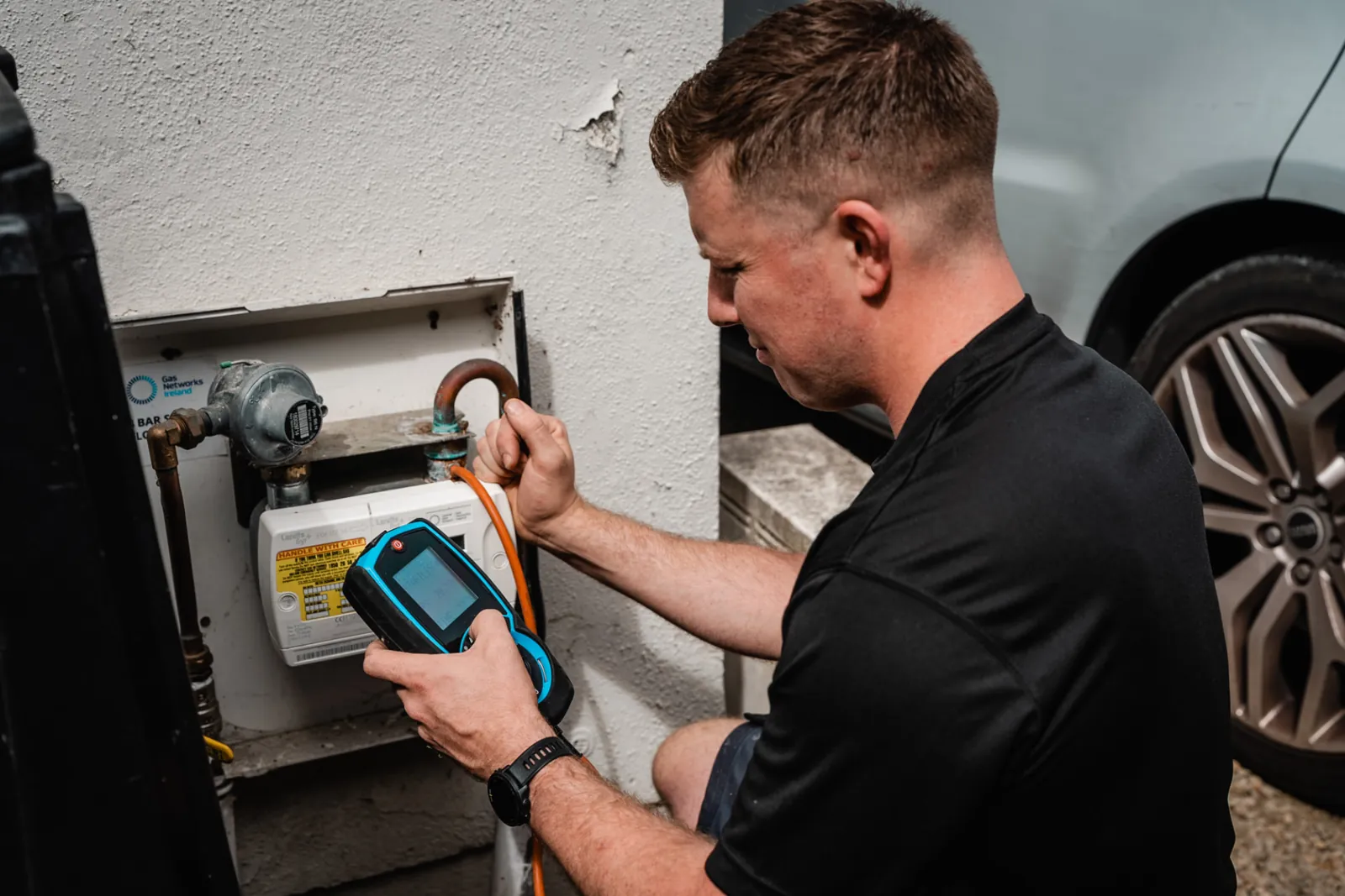 Gas tightness test being carried out at an external gas meter box